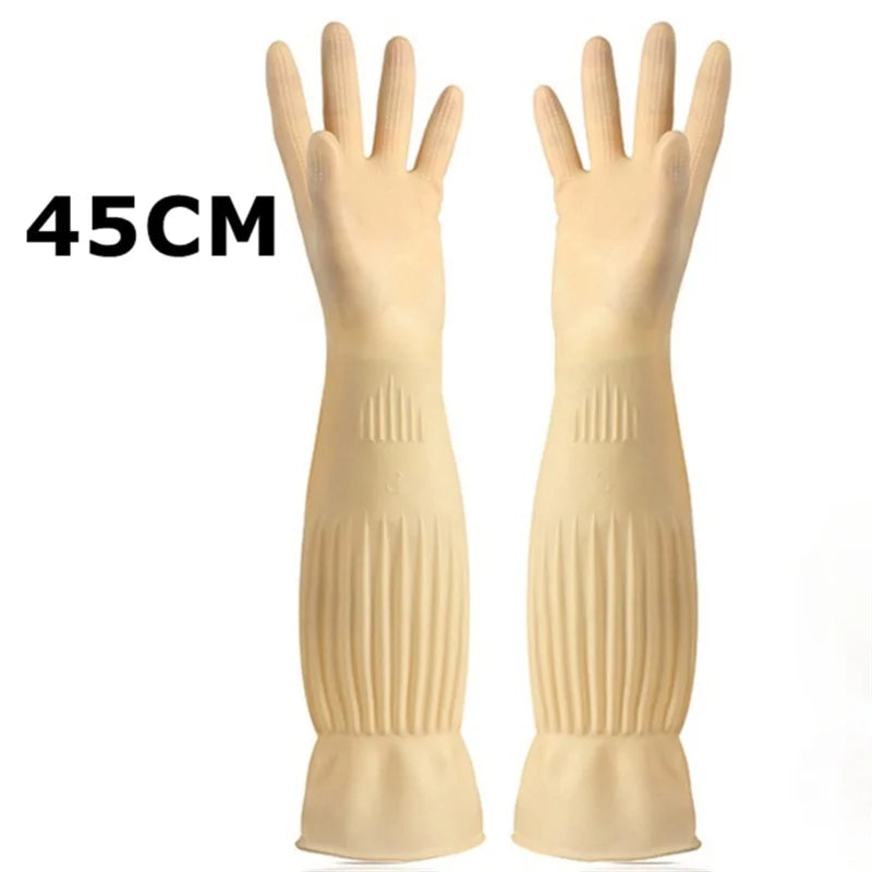 Rubber Dishwashing Cleaning Gloves Reusable Waterproof Household Kitchen Gloves Long Sleeves Women Gardening Washing Work Gloves