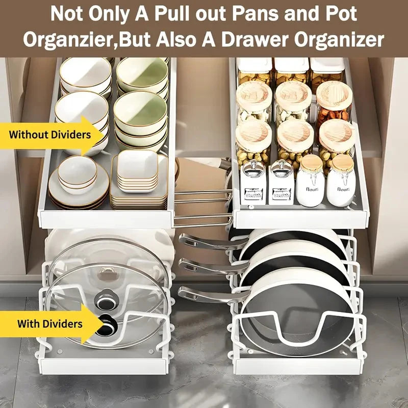 Pull Out Pots & Pans Organizer for Under Cabinet, Storage Rack with Adjustable Dividers & Pot Lid Holder