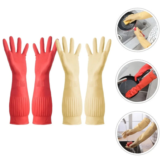 Rubber Dishwashing Cleaning Gloves Reusable Waterproof Household Kitchen Gloves Long Sleeves Women Gardening Washing Work Gloves