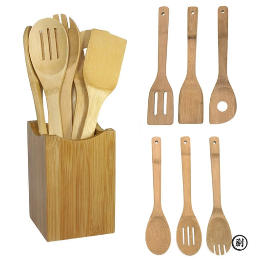6 Pieces Bamboo Spoon Spatula Kitchen Utensil Wooden Cooking Tool Mixing Set