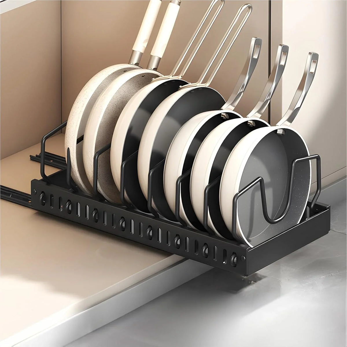 Pull Out Pots & Pans Organizer for Under Cabinet, Storage Rack with Adjustable Dividers & Pot Lid Holder