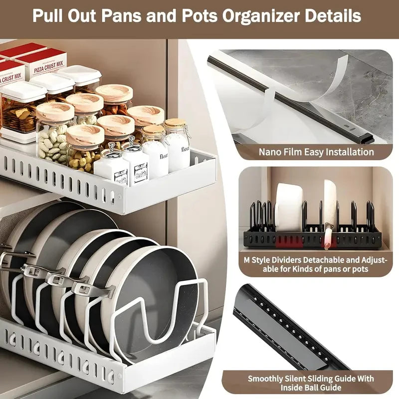 Pull Out Pots & Pans Organizer for Under Cabinet, Storage Rack with Adjustable Dividers & Pot Lid Holder
