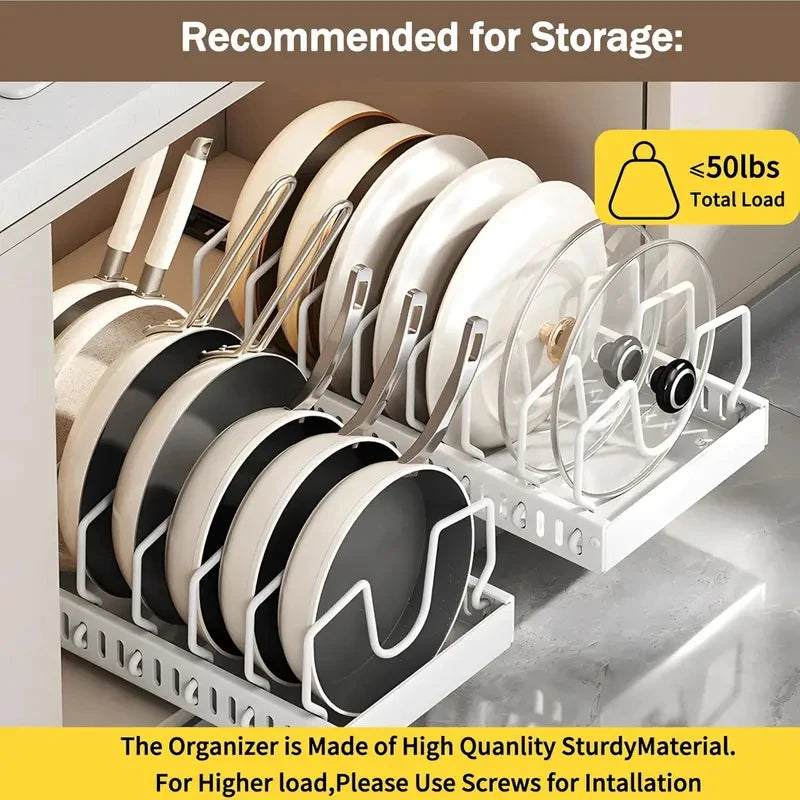 Pull Out Pots & Pans Organizer for Under Cabinet, Storage Rack with Adjustable Dividers & Pot Lid Holder